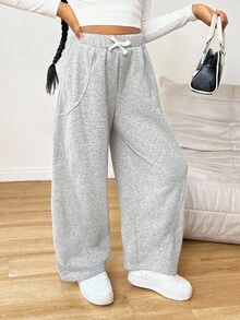 青少年女孩超大运动裤，休闲时尚，适合日常穿着 - 灰色 - 查看 7