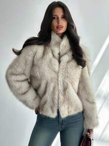 Firerie 女士休闲时尚高领宽松人造毛皮夹克，冬季 - 棕色 - 查看 2