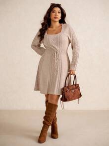 Elaquor 大码女式休闲扭纹针织抽绳腰毛衣裙，秋冬