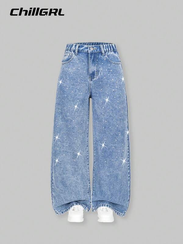 SHEIN Tween Girls Y2K Style Shiny Rhinestone Light Blue Denim Color Casual Loose Wide Leg Washed Jeans