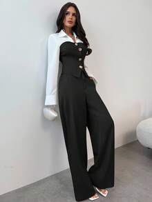 Firerie 休闲优雅杏色仿亚麻拼布衬衫配宽松直筒西装裤两件套女装/秋季女装/通勤装/教师装/返校季/复古款/商务休闲女装/女士办公室装 - 黑色 - 查看 2