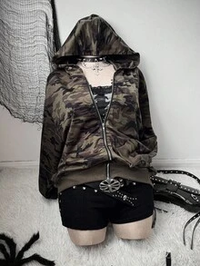 Sunspun 大码黑红条纹斜肩孔眼蕾丝宽松连帽衫 - 彩色 - 查看 5