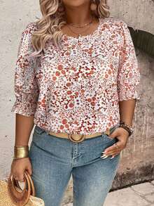 EMERY ROSE قميص كاجوال بياقة مستديرة وأكمام منتفخة وأساور مطوية بطبعة زهور صغيرة للمقاسات الكبيرة