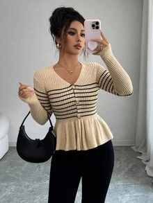 Elenzga Damen Neuer Herbst/Winter Einzelteil Figurbetonter kurzer V-Ausschnitt Langarm Klassischer gestreifter Rüschensaum Eleganter Lady Stil Alltagstauglicher vielseitiger Strickpullover