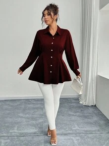 Elenzga Áo cánh xếp ly eo màu đen thanh lịch cho trang phục công sở, mùa thu/đông - Màu Đỏ Sâu - Xem 6