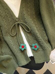 Franclia French Casual Style Olive Green V-Neck Ruffled Trim Pom Pom Knit Pullover Sweater