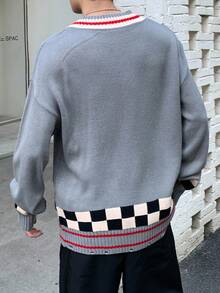 Claim Dot Men's V-Neck Letter & Checkered Pattern Long Sleeve Pullover Sweater Checkerboard Sweater V-Neck Sweater