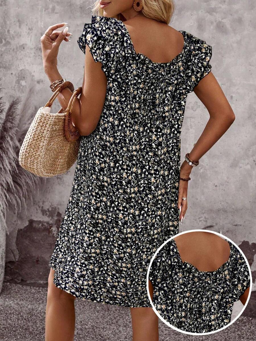 EMERY ROSE Vestido casual de verano para vacaciones con estampado total y decoración de moño - Negro - Ver 1