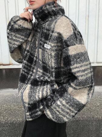 FRIFUL Chaqueta casual con cremallera, de hombros caídos y a cuadros, cálida para mujer