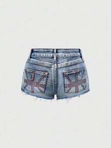 ROMWE Grunge Punk Rhinestone Distressed Washed Super Short Denim Shorts - Blue - View 1