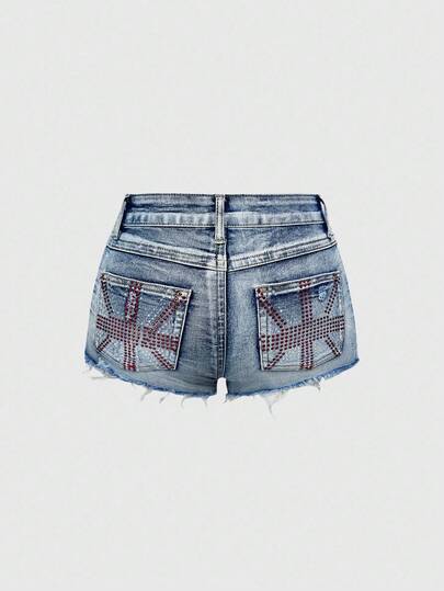 Grunge Punk Rhinestone Distressed Washed Super Short Denim Shorts