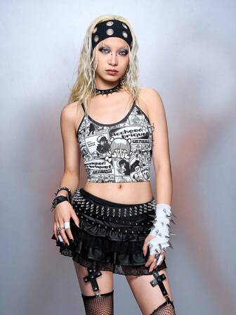 Black Jack X ROMWE Top de tirantes con gráfico de figura de dibujos animados y contraste de color para mujer