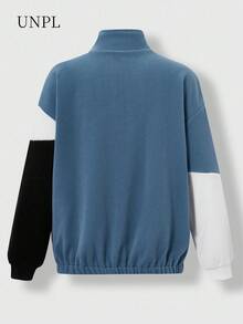SHEIN Explorewe Chaqueta de otoño/invierno para niños, chaqueta de una sola pieza de estilo de moda con parches de piel sintética de manga larga, diseño de contraste de color que muestra un estilo personalizado, con cuello alto y cremallera. Diseño de cuello alto con cremallera, parches de color azul, blanco y negro de felpa sherpa que resalta la mirada, adecuado para usar en la calle, el campus y en exteriores de otoño/invierno para niños. - Azul - Ver 2