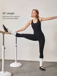 GLOWMODE 24" FeatherFit™ Scrunch Butt Cutout Racerback Active Bodysuit Jumpsuit Low Impact Yoga Daily Removable Cups - Black - View 2