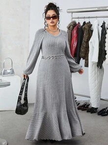 SHEIN EZwear 秋冬大码罗纹弹力休闲柔软灰色长裙 - 灰色 - 查看 3