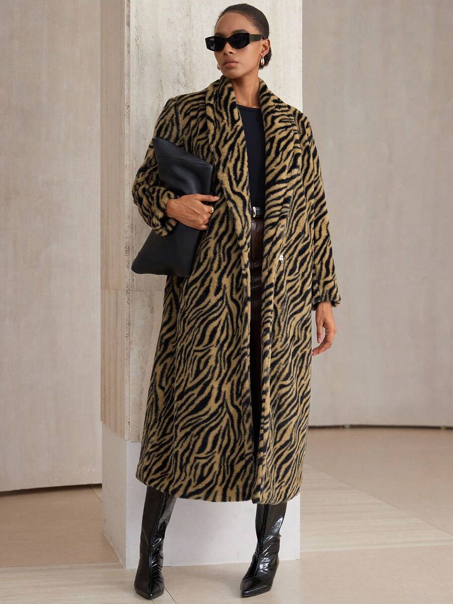 GENKIRA Luxuriöser Zebra-Muster Mantel mit tiefem V-Ausschnitt und Kunstfell, der elegante Retro-Moderne Ausstrahlung zeigt, geeignet für Abendpartys und andere Anlässe - Verschiedenfarbig - Übersicht 1