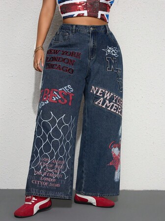 Street Life Plus Size Loose Fit Wide Leg Plus Size Jeans With Union Jack Embroidered Slogan Print, Collegiate & Street Style