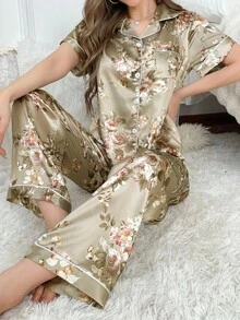 LuxeNights Silk-Like Flower Print Notched Collar Pajama Set - Champagne - View 5