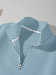 Manfinity Dauomo 男士休闲时尚百搭商务POLO领四分之一拉链卫衣，秋冬款，长袖上衣 - 藍色 - 查看 5