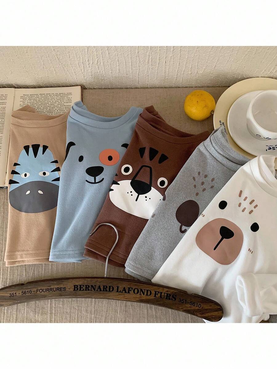 Set de 5 piezas de tops casuales para bebé niño con cuello redondo, de punto, de unicolor y con diseño de animales lindos