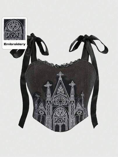 Goth Camiseta sin mangas con cuello cuadrado, encaje y parches, estilo gótico castillo y cruz, talla grande para mujer con cordones