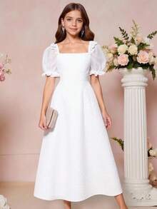 Pitira Tween Girls White Square Neck Mesh Ruffle Puff Sleeve Floral Jacquard Fabric Elegant Party Dress Fall Winter Girls Puffy Sleeve Dress Tween Girl White Elegant Dress Tween Girl  Elegant White Puffy Sleeve Dress - White - View 1