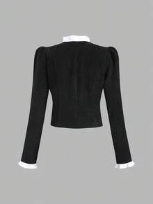 SHEIN Unity 女式黑白撞色荷叶边领泡泡袖单排扣夹克，秋冬 - 黑色 - 查看 2