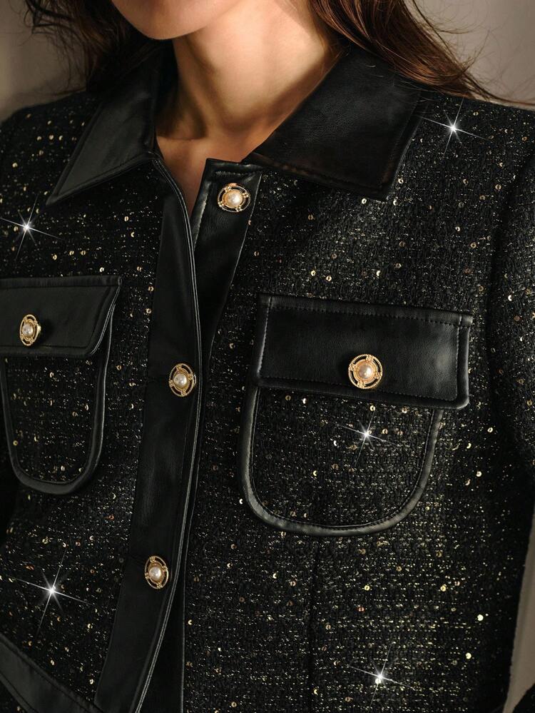 TWEED SEQUINS PU LEATHER PANEL FLAP POCKET BUTTON UP CROP OVERCOAT