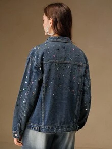 Anewsta Fashionable Rhinestone Embellished Denim Jacket For Women, Blue - Blue - View 2