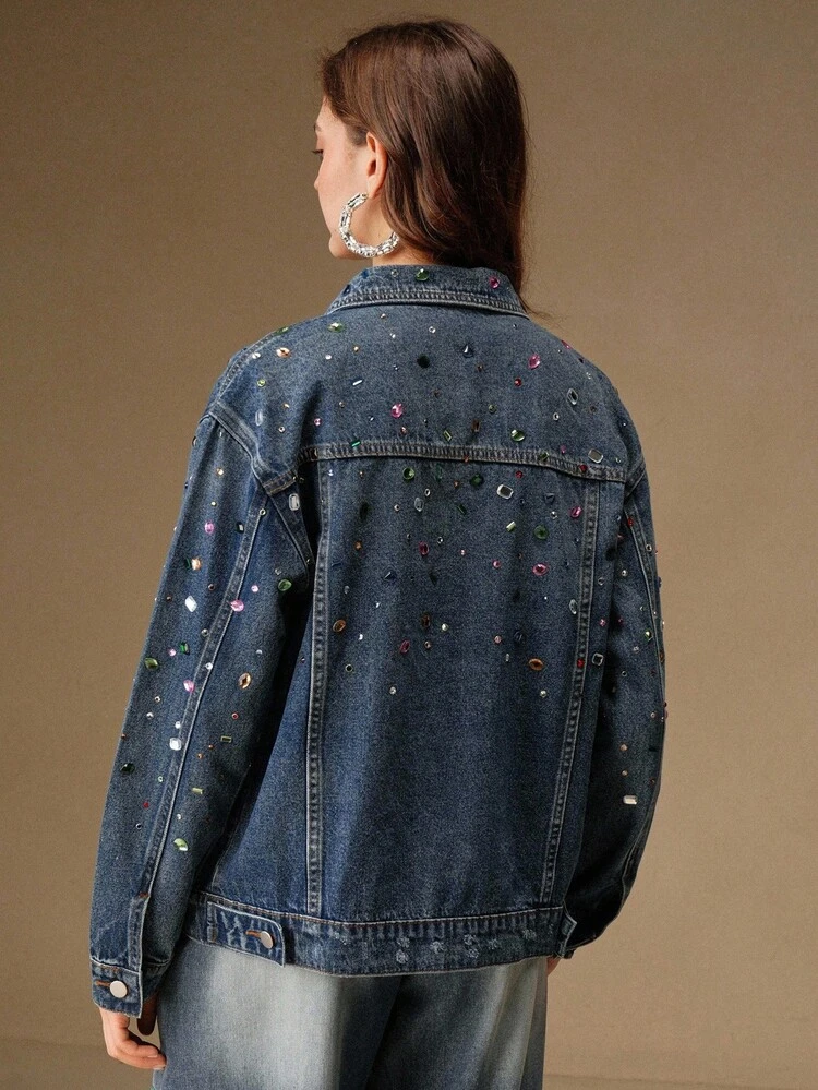 Veste en jean ornée de strass à la mode pour femmes, bleue