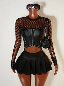 Mistrie 镂空金属孔眼性感透视长袖上衣和 PU 皮革迷你裙套装 - 黑色 - 查看 3