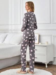 EURMUSE 女士纽扣前撞色心形图案长袖衬衫和裤子家居服舒适保暖家居睡衣套装 - 灰色 - 查看 2