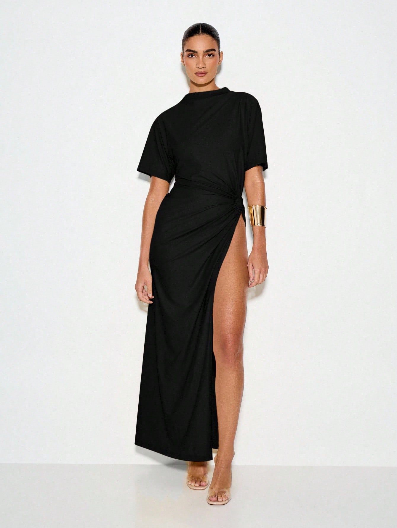 green emerald velvet dress Glitter Off Shoulder Draped Side Split Thigh Formal Evening Dress Dark Green / XL main image 0