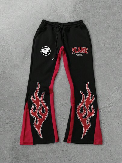 Street Life Pantaloni casual comodi da uomo con stampa a fiamma nera e rossa, adatti per autunno/inverno