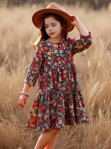 Emery Rose Kids Emery Rose Kids 少女双胞胎女童碎花印花荷叶边袖褶边连衣裙，宽松休闲圆领长袖荷叶边中长连衣裙，可爱动物印花，适合度假和日常上学穿着，姐妹装，母女亲子装。 - 彩色 - 查看 4