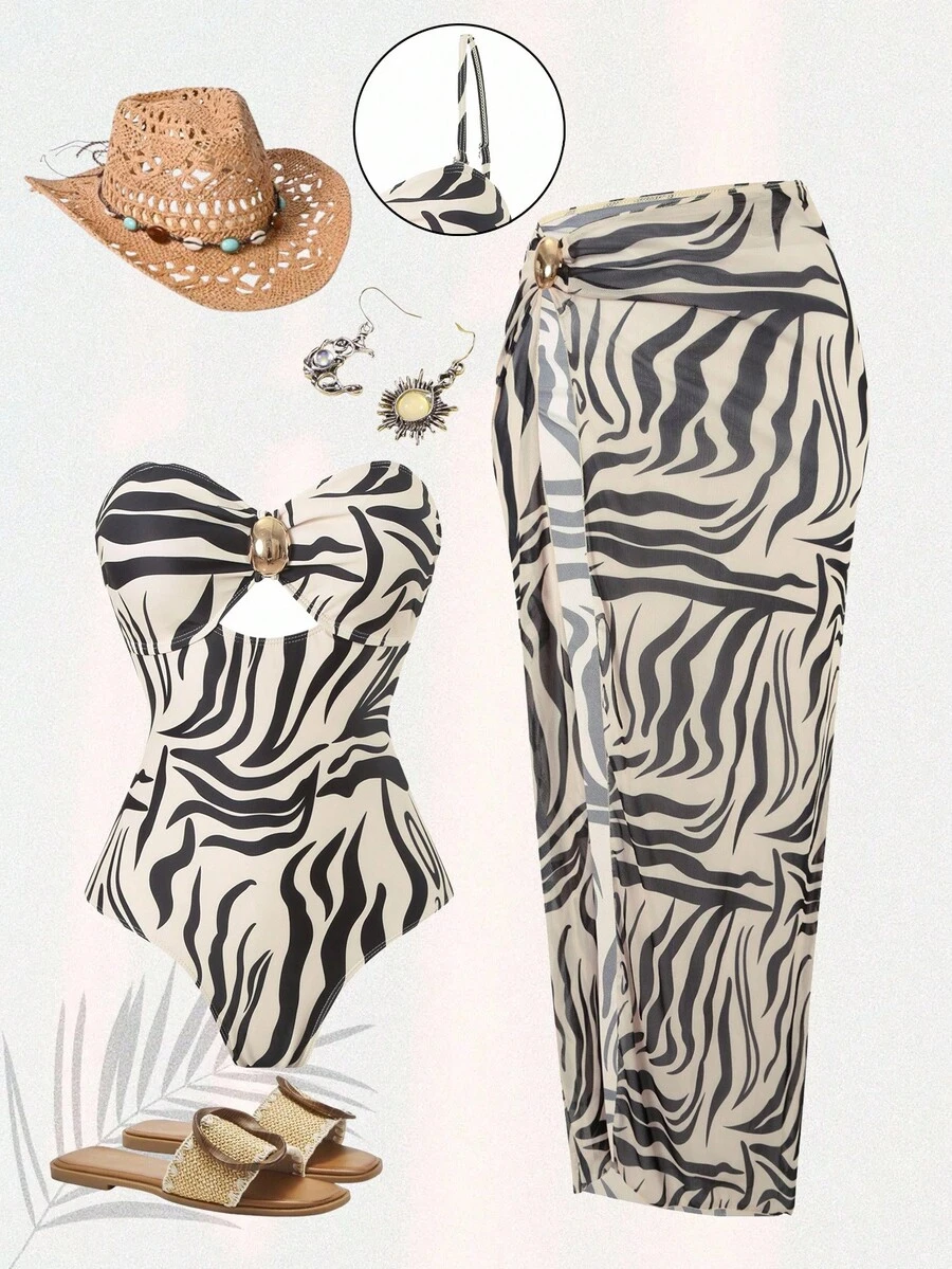 Swim Oasis Plus Size One-Piece Swimsuit, 2 Pieces Set, Minimalist Design, Suitable For Daily Wear, Summer, Beach Vacation - Multicolor - View 1