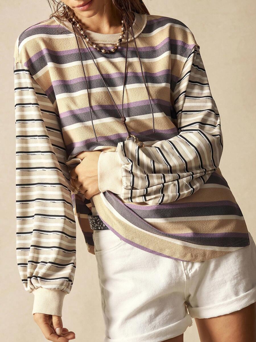 Bohemela Casual Striped Patchwork Design Loose Fit Crew Neck Long Sleeve Sweatshirt For Women In Fall/Winter