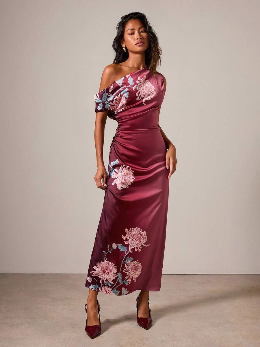 COSMINA 女士优雅印花斜肩长裙 - 酒紅色 - 查看 1