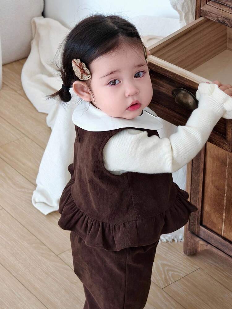 2pcs Baby Girls' Peter Pan Collar Color Block Long Sleeve Shirt And Casual Pants Set Fall Toddler Girls Clothes