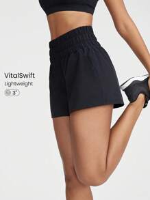 GLOWMODE 3" VitalSwift Ultra-Light Smocked High-Waist Loose Shorts With Side Pockets Low Impact Daily Casual Quick Dry Moisture Wicking - Black - View 1