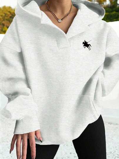 EMERY ROSE Women's Casual Plus Size Horse Print Long Sleeved Loose Hooded Sweatshirt With Pockets, Suitable For Autumn And Winter Wear Fall
