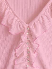 Qadelle Women's Solid Color Ruffle V-Neck Ribbed Short Sleeve Elegant T-Shirt - Pink - View 5