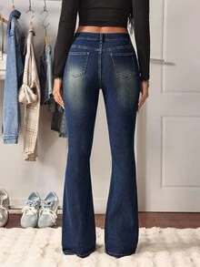 SHEIN Tall Women's Casual Fashion Western Style Versatile Rivet Decor Flare Jeans