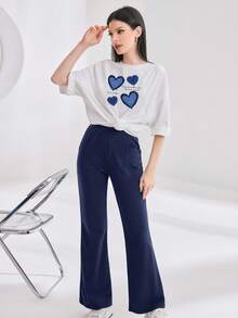 Mulvari 2件套女士休闲心形图案T恤和裤子套装 - 藏蓝色 - 查看 5