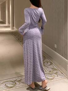 DAZY Ditsy Floral Fitted V-Neck Ruched Design Long Nightgown Pajama, Winter - Mauve Purple - View 2