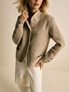 Poéselle Áo khoác cardigan nữ màu trơn hở phía trước có túi - Màu Khaki - Xem 4
