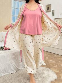 CottageSlumber Plus Size 2pcs/Set Contrast Color Cherry Print Camisole & Robe Loungewear Set, Cozy And Elegant Details, Fall Clothes - Pink - View 3