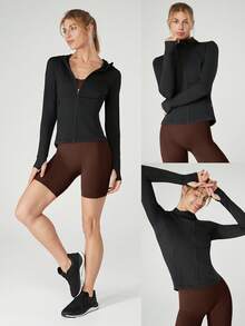 GLOWMODE 吸汗排汗弹力连帽修身防风反光跑步夹克，带拇指孔 - 黑色 - 查看 8