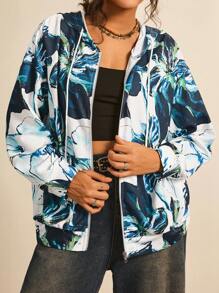 SHEIN LUNE Women White Tropical Floral Print Zip Up Hoodie Loose Fit Plus Size Jacket, Lightweight Casual Autumn Clothes For Holiday Bachelorette Party Winter - Multicolor - View 8