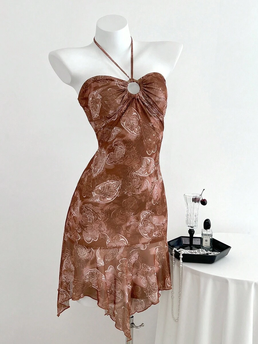 Elamini 女式性感夏季佩斯利印花网眼面料度假树脂环饰露肩吊带裙 - 棕色 - 查看 1